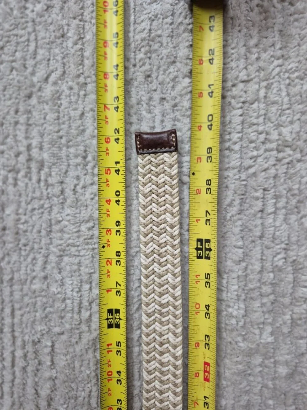 Fossil Kyle Khaki Belt Braided Rope & Leather Trim Adjustable Cream Tan Size 34